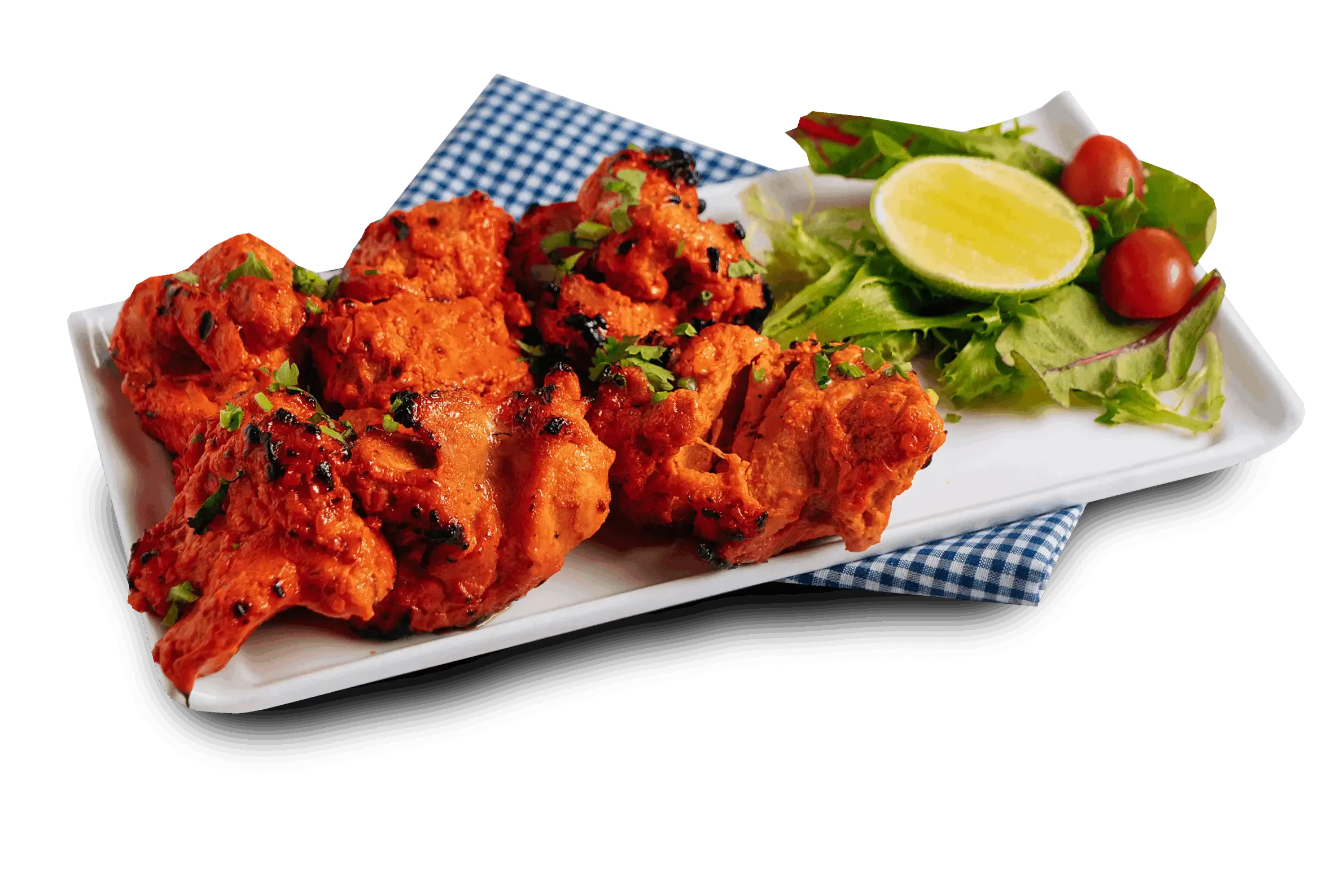 Chargrilled chicken tikka boti served with lime