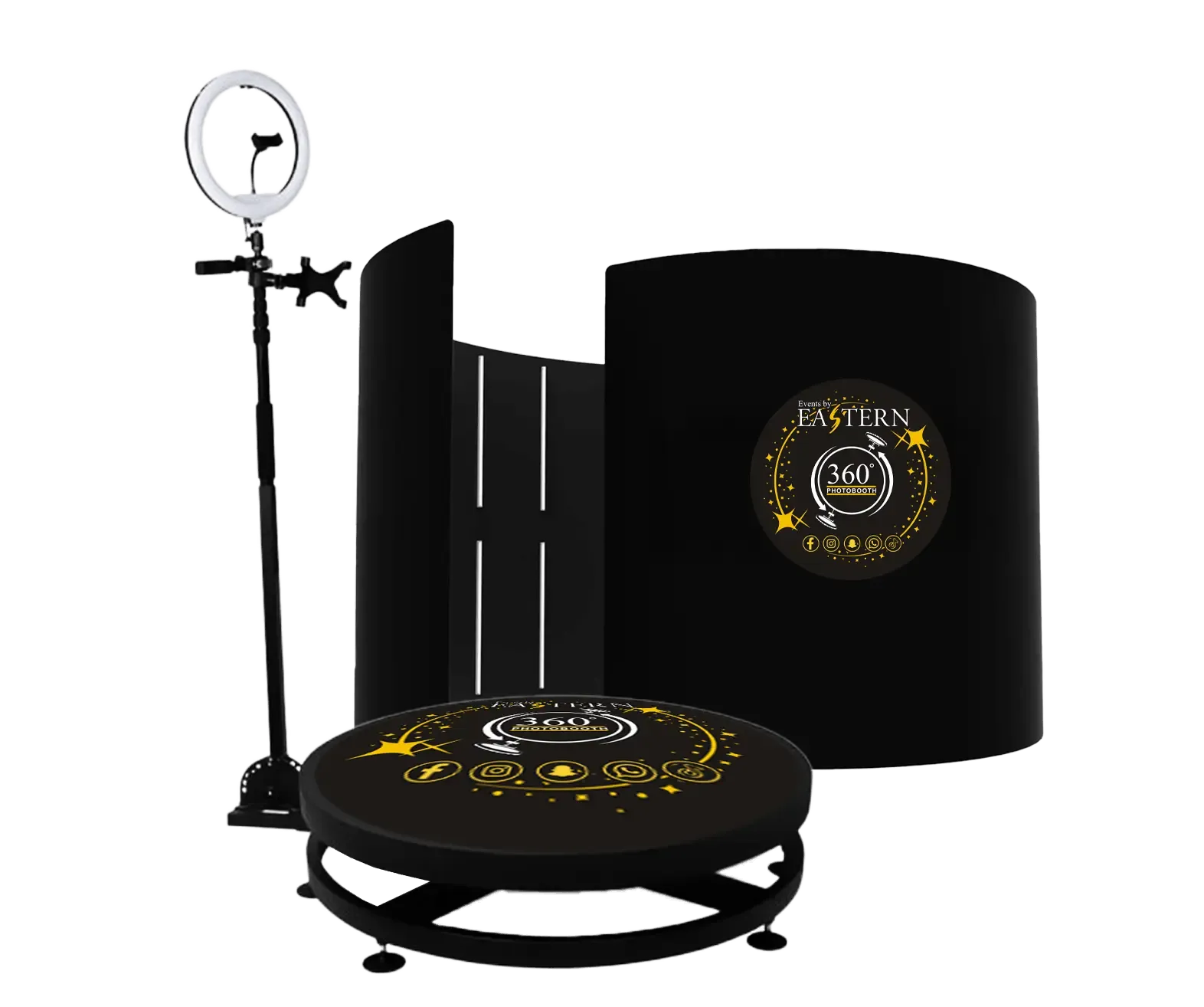 LED-lit 360 photo booth enclosure set up at an event